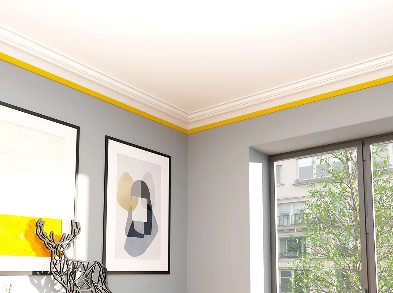 Corniche modèle UPSOLU UP237 en polystyrène résistant à l'humidité, appliquée avec de la colle pour plafond ou mur.