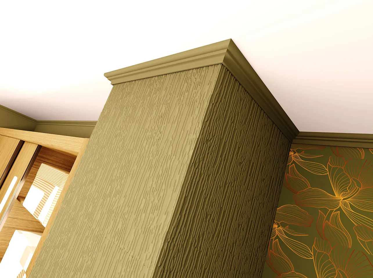 Moulure pour plafond ou mur UP26 en polystyrène résistant à l'humidité, appliquée avec de la colle.